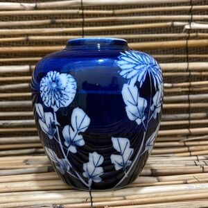 Vintage Hand Painted Takahashi Blue and White Prunis Blossom Jar